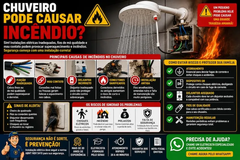 Chuveiro pode causar incêndio quando a instalação elétrica apresenta falhas e superaquecimento