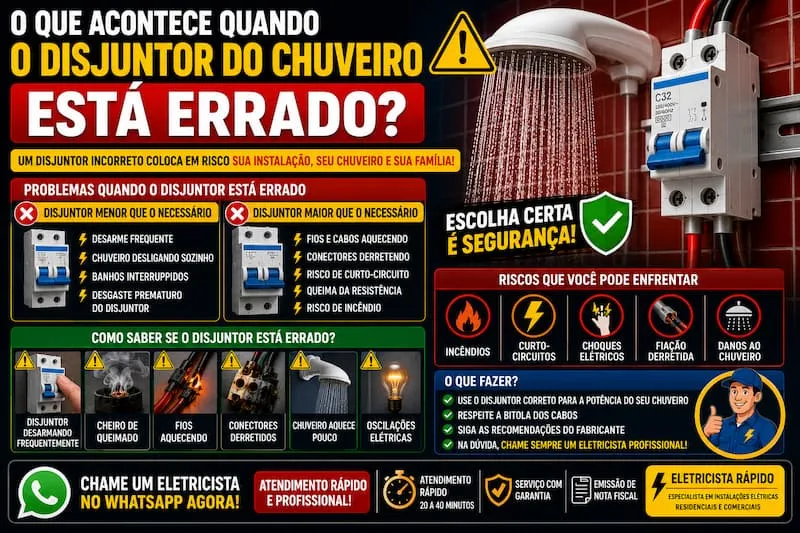 O que acontece quando o disjuntor do chuveiro está errado e quais riscos isso pode causar na instalação elétrica