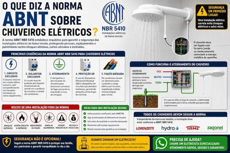 O que diz a norma ABNT sobre chuveiros elétricos e os requisitos de segurança da instalação