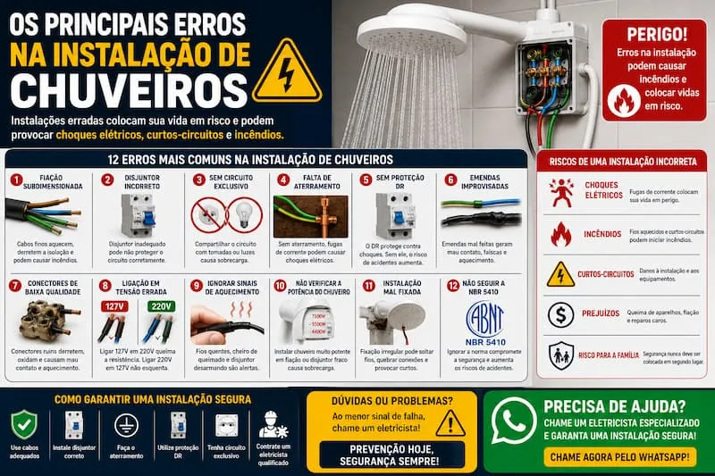 Os principais erros na instalação de chuveiros que podem causar choques, curtos-circuitos e incêndios