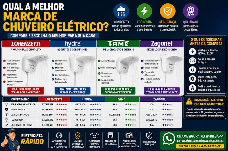 Qual a melhor marca de chuveiro elétrico comparativo entre Lorenzetti, Hydra, Fame e Zagonel