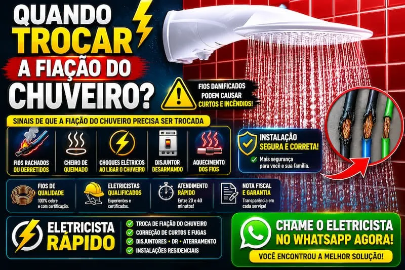Quando trocar a fiação do chuveiro e quais sinais indicam fios queimados, aquecimento excessivo, curto-circuito e risco elétrico.