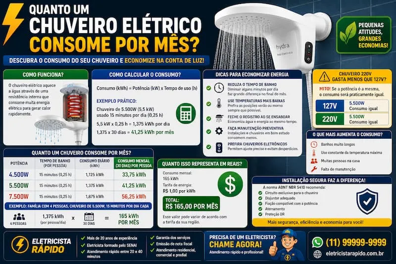 Quanto um chuveiro elétrico consome por mês cálculo de consumo de energia e impacto na conta de luz