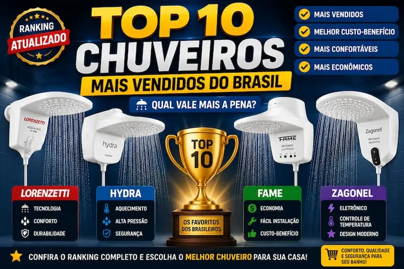 Top 10 chuveiros mais vendidos do Brasil com comparativo de conforto, economia, tecnologia e custo-benefício